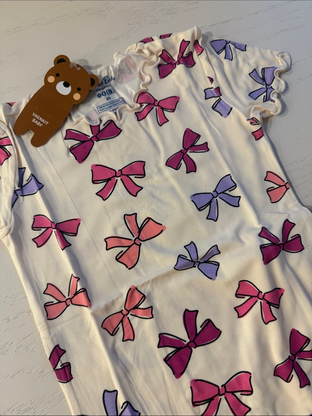 Girls Cream Bow Print Short Sleeve Pajama Set 2T 3T 4-5 6-7 - Picture 4 of 5